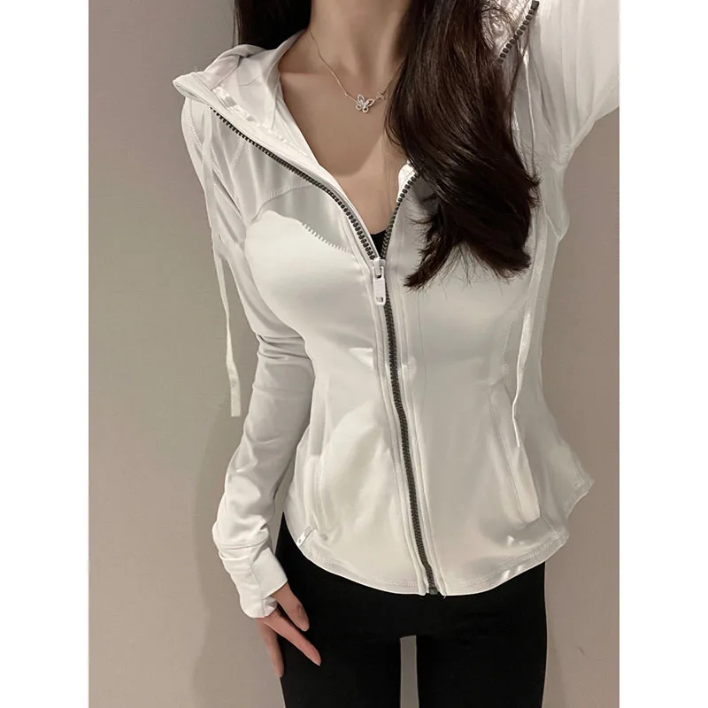 White Long Sve Ice Silk Sun Protection Outerwear Yoga Fitn Sports Top Thin Cardigan Women Summer Thin Hooded Jaet