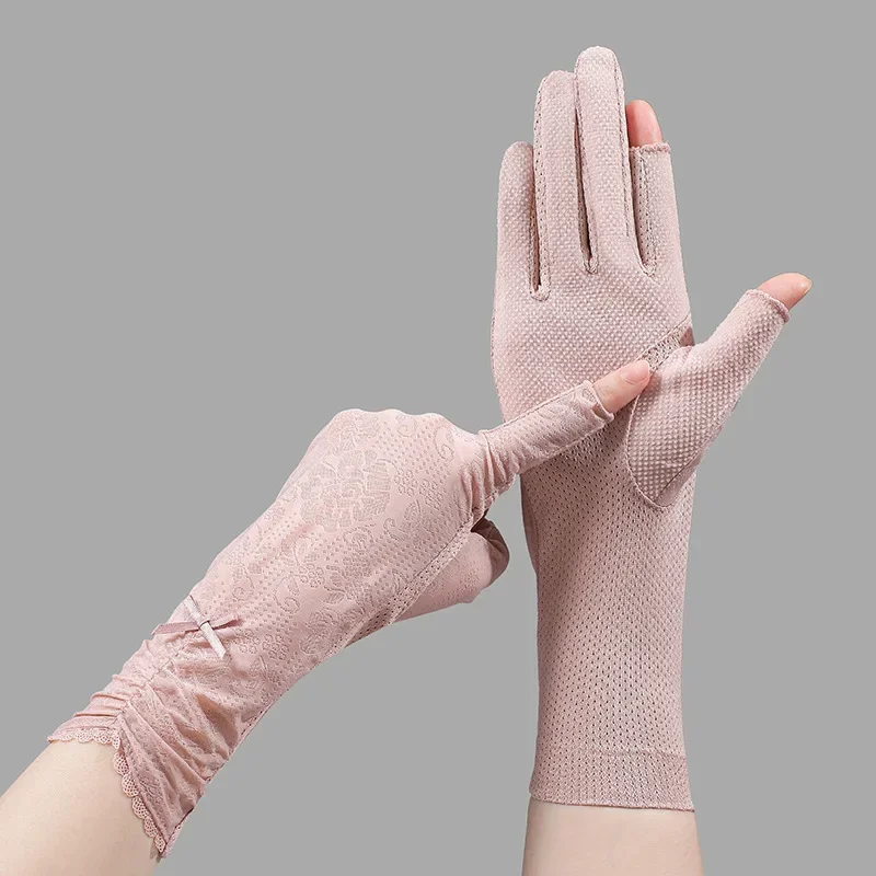 Ice Half Finger Spring Summer Thin Long Lace Outdoor Riding Driving Women\'s Sunscreen Gloves Fingerless Gloves  Black Gloves