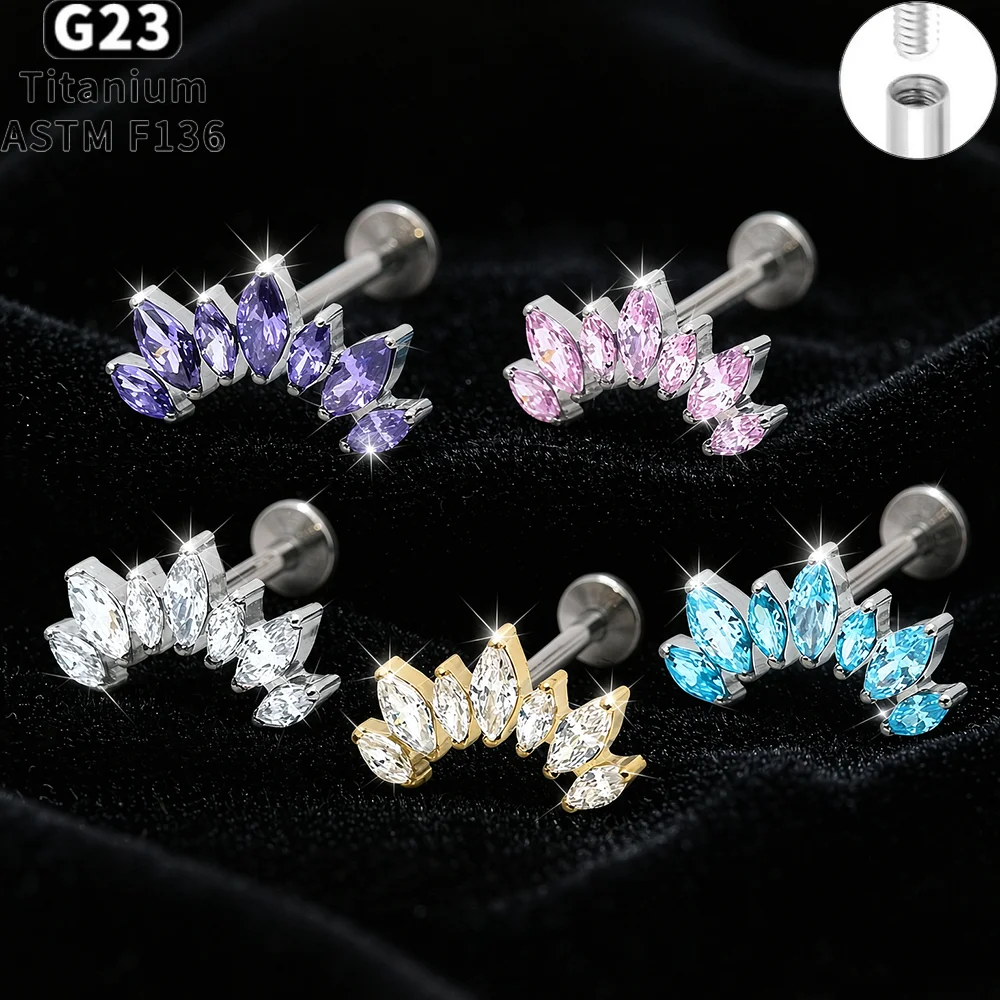 G23 Titanium Lip Rings Marquise CZ Flat Back Internally Threaded Labret Tragus Helix Cartilage Earrings Jewelry Accessory