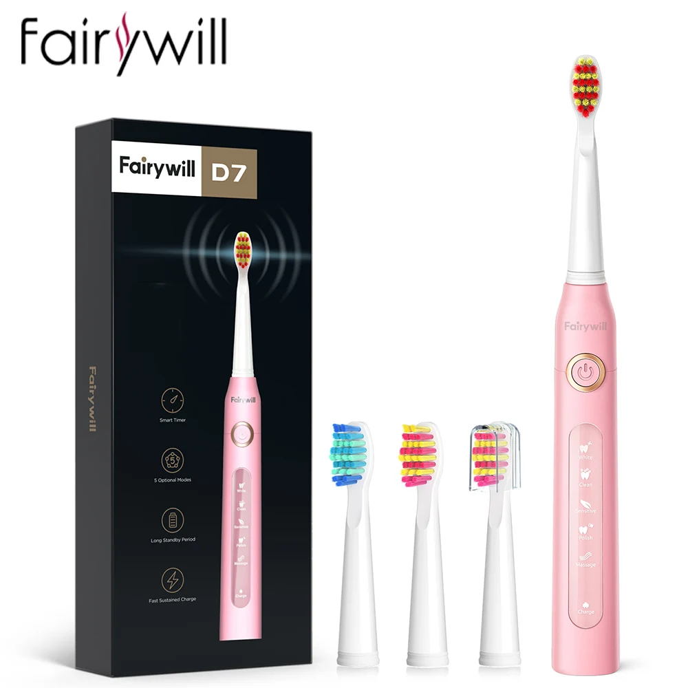 Fairywill Electric Sonic Toothbrush USB Charge FW-507 D7Rechargeable Waterproof Electronic Tooth Brushes Replacement Heads Adult