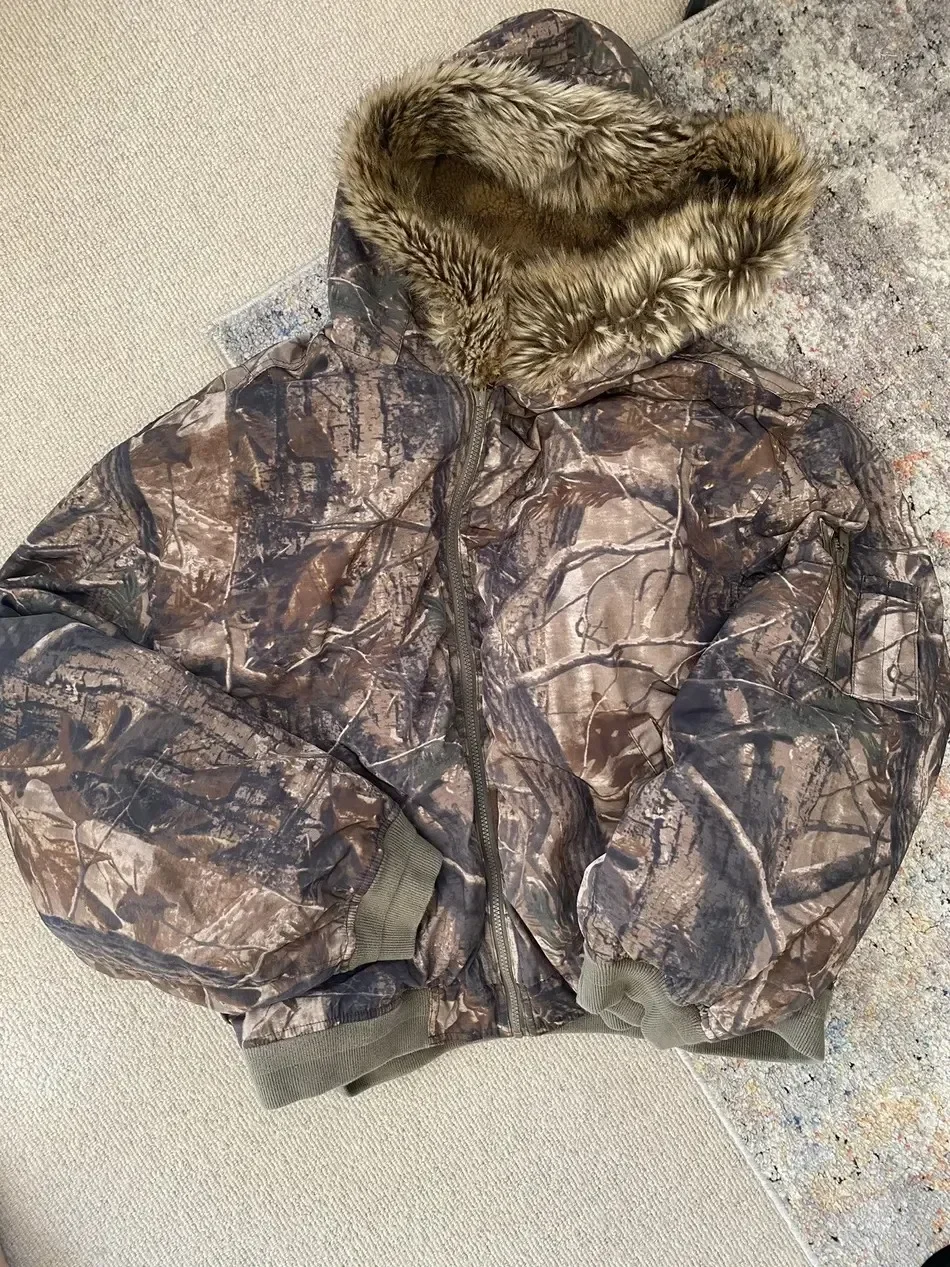 

Y2K Camouflage Plush Fur Hooded Coat Fashion Men and Women Harajuku Punk Leaf Graphic Oversized Coat Autumn Winter Zipper Jacket