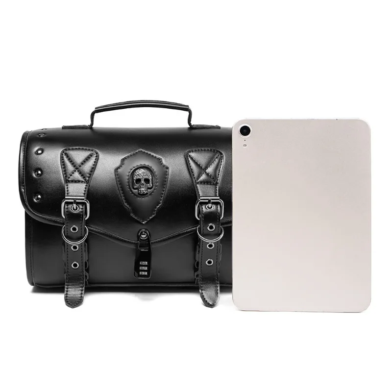 2026 New Vintage Motorcycle Saddle Bag with 3-Digit Code Lock，Gothic Skull&Rivet Design Rear Tail Bag Cruiser Saddlebag