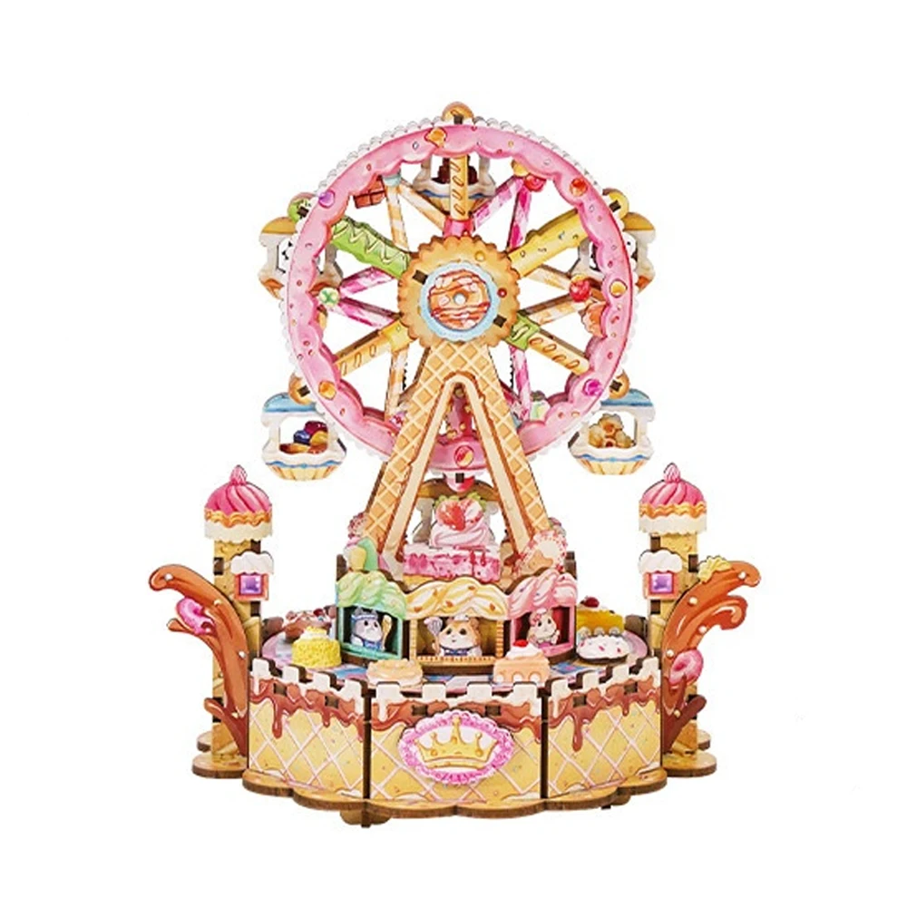 回転するデザート観覧車オルゴール - DIY 3D木製組み立てキット、メロディー付き手作りクラフト、子供と大人のためのユニークなギフト