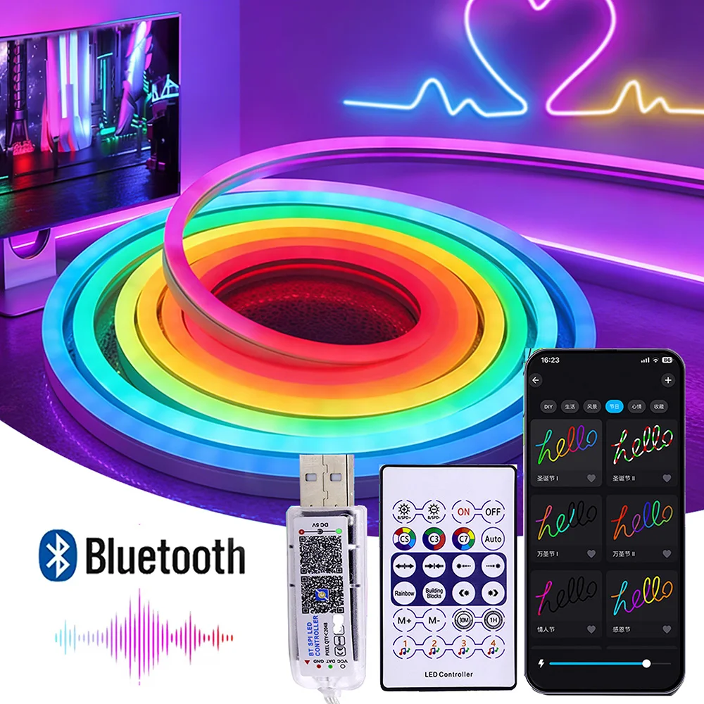 

2812 LED Strip Lights 5V USB RGBIC 1-5M Music Sync Bluetooth APP Remote Control RGB Flexible Neon Tape For Room Party Sign Decor
