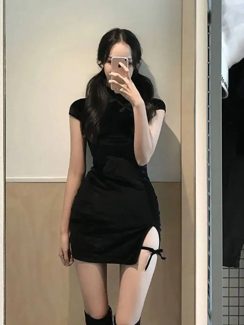 エレガントな黒の半袖ボタンセクシーなドレス女性カジュアルショッピング写真新しいチャイナドレスタイトなファッション夏 2025 女性 P4AQ
