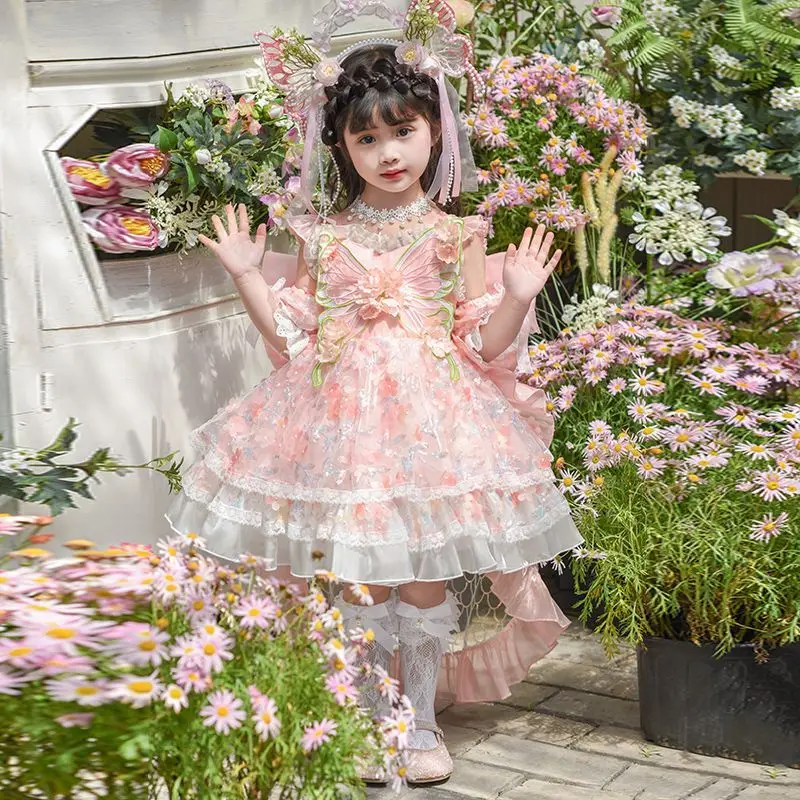 Girls Spanish Backless Suspenders Floral Pink Butterfly Dresses Toddler Princess Lolita Ball Gown Infant Birthday Party Clothes