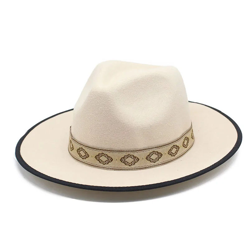 Retro Style Men S And Women S Woolen Solid Color Jazz Concave Convex Top Hat Plain Beige Big Brim Top Hat Color Matching Hat