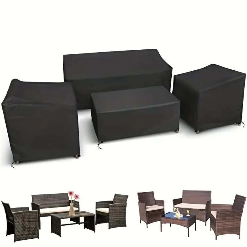 4Pcs Patio Furniture Cover Heavy Duty Waterproof Windproof Drawstring Buckle Outdoor Rattan Sofa Cover Black
