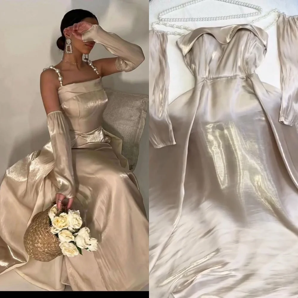   Satin-Abschlussballkleid mit drapierter Falte und Perlen, A-Linie, quadratischer Kragen, maßgeschneidertes Anlasskleid, Midi-Kleider, Saudi-Arabien-Abend