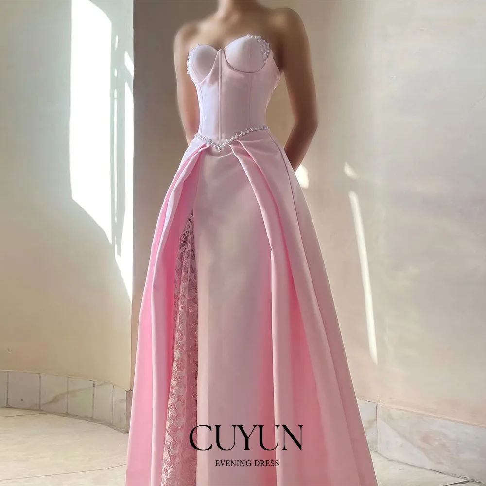 

CUYUN Розовое атласное и кружевное вечернее платье Милая без бретелек с жемчугом Платье для выпускного вечера по индивидуальному заказу трапециевидное свадебное платье