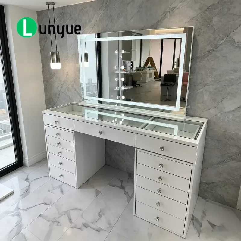 Modern Solid Wood Makeup Vanity Table with Mirror White LED Light Anti-Scratch Surface Multi-functional Dressing Desk for