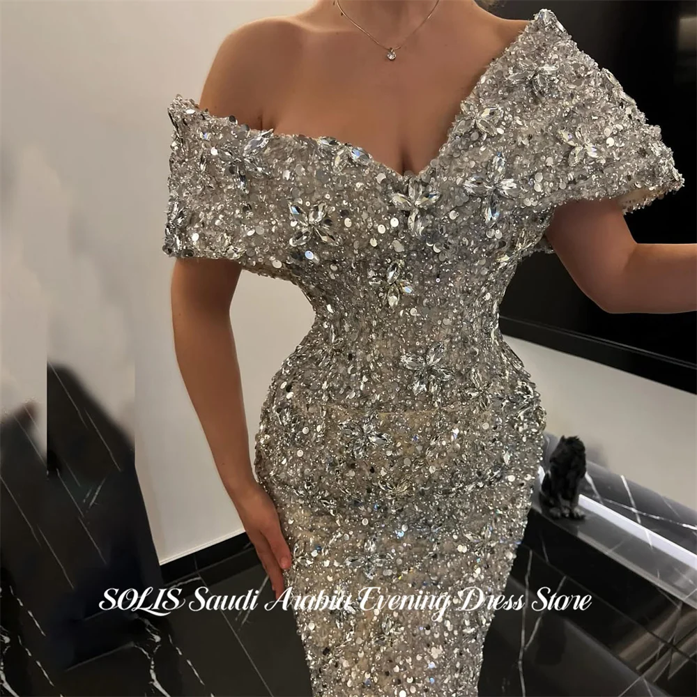 SOLIS Silver Party Dress Off the shoulder فساتين السهرة Trumpet Celebrity Dress Full Beaded Bodice for Woman Custom image 3