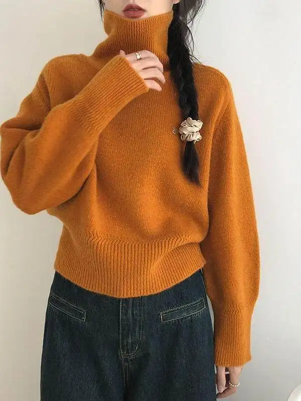 Korean Style Lazy Thickened High Collar Knitted Sweater Women's Autumn Winter Loose Fit Fashionable Inner Wear Top