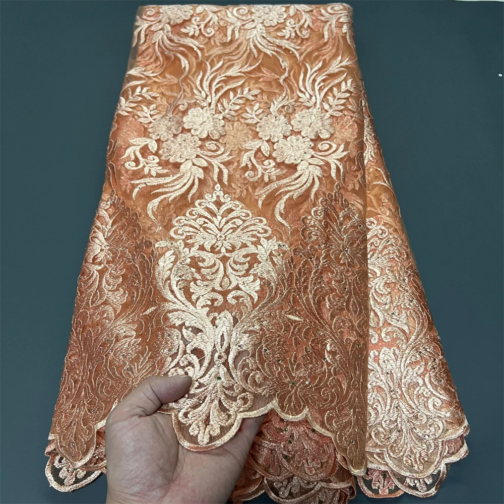 

Latest 2025 African Nigerian Guipure Embroidery Sequins Tulle Lace Fabric High Quality for Sewing Dresses 5Yards ZJ058