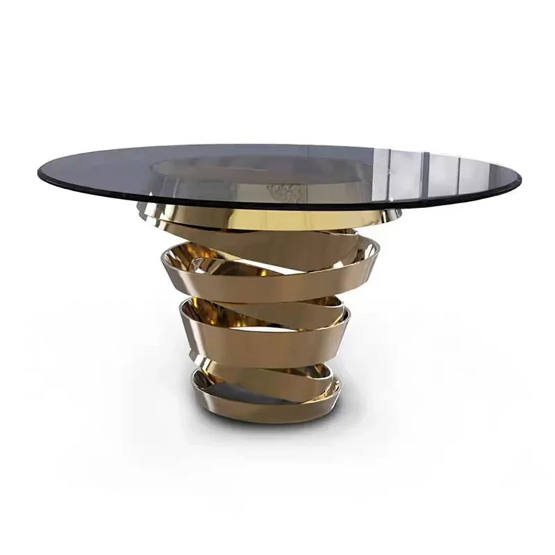 

Italian light luxury glass dining table restaurant Home villa Modern high-end creative round stainless steel dining table