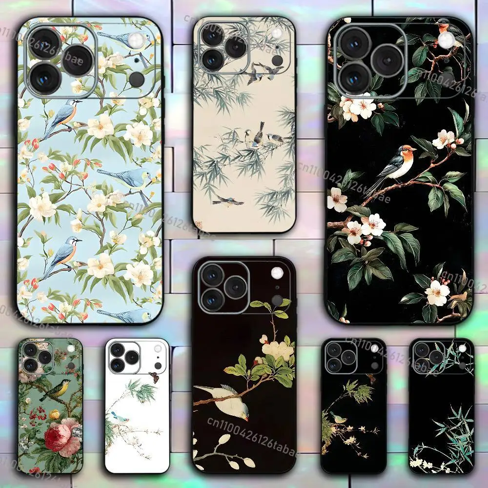 

INS Vintage Floral & Bird For iPhone 17,16,15,14,13,12,11,Pro,X,XS,Max,XR,Plus,Mini Soft Silicone Phone Case Black Shockproof