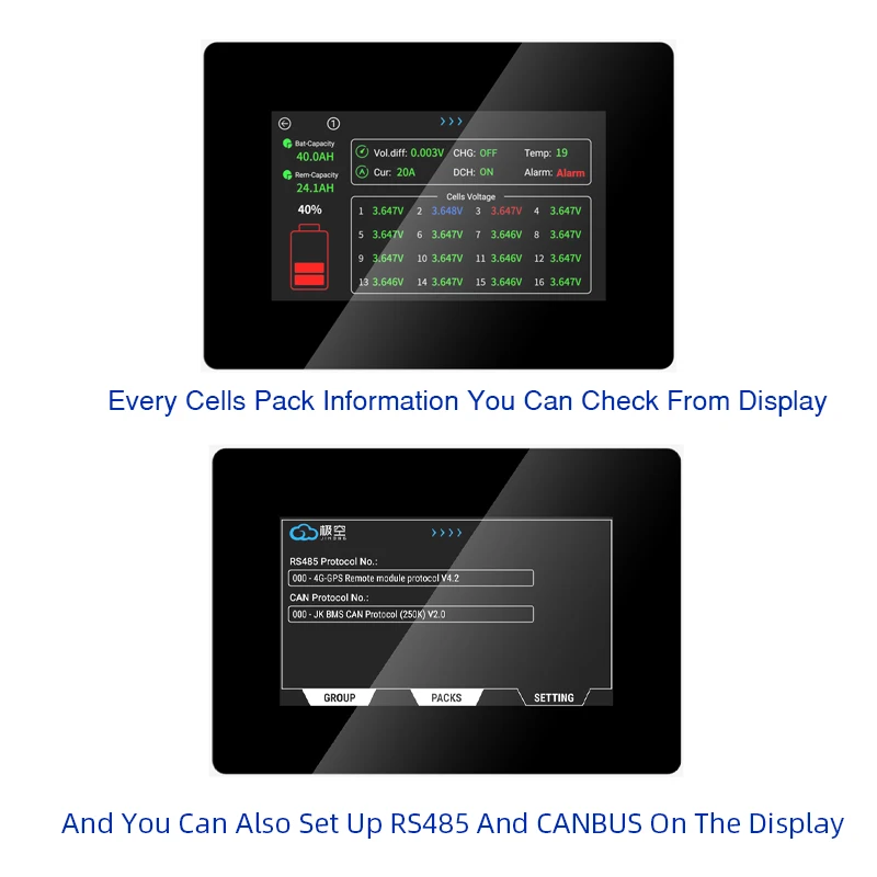 JIKONG JKBMS V19 Tela de toque inteligente de 4,3 polegadas perfeitamente combinada com JIKONG V19 Energy Etorage BMS (JIKONG V19 PB BMS)