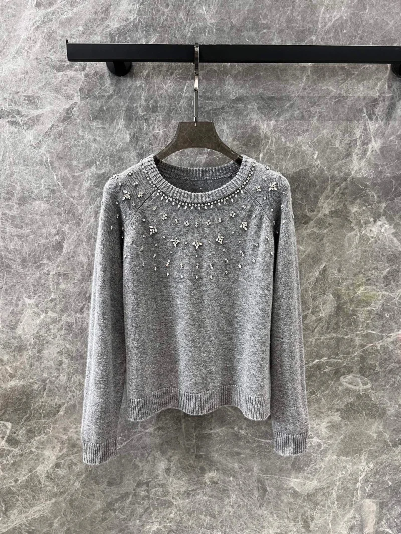 2024 Autumn/Winter New Women's Sweater Fashion Exquisite High Quality Nail Diamond Round Neck Long Sleeve Knitted Sweater y2k To