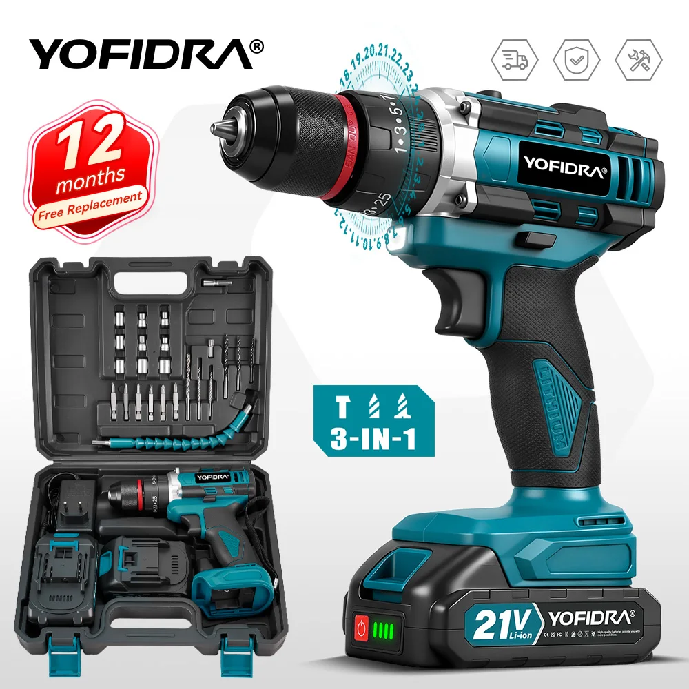 YOFIDRA Elektrischer Schlagbohrer 25+3 Drehmoment Kabelloser Handbohrer für Holzbearbeitung Elektrowerkzeug Kompatibel mit Makita 21V Akku