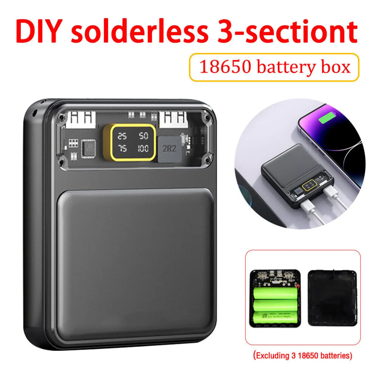 18650 Power Bank Cases 3X 18650 Battery Holder Storage Box Case 3 Slot Batteries Container Fast Charger Power Display Solderless