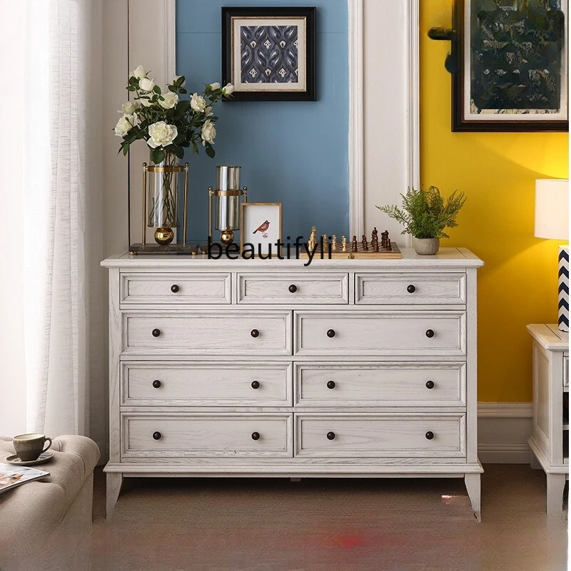 

American all solid wood white storage chest, old retro bedroom storage cabinet, living room entrance cabinet