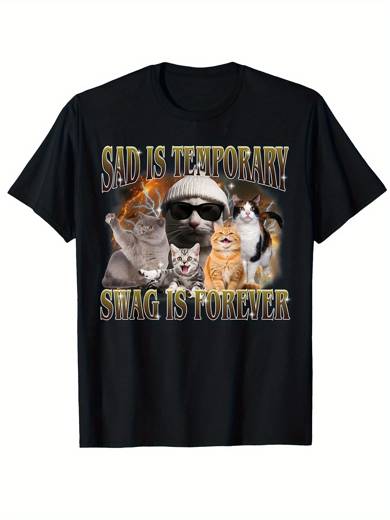 Fun Cat Emoji T-shirt - Slogan design: 'Sadness is temporary, style is forever,' 100% casual crew neck short-sleeved T-shirt.