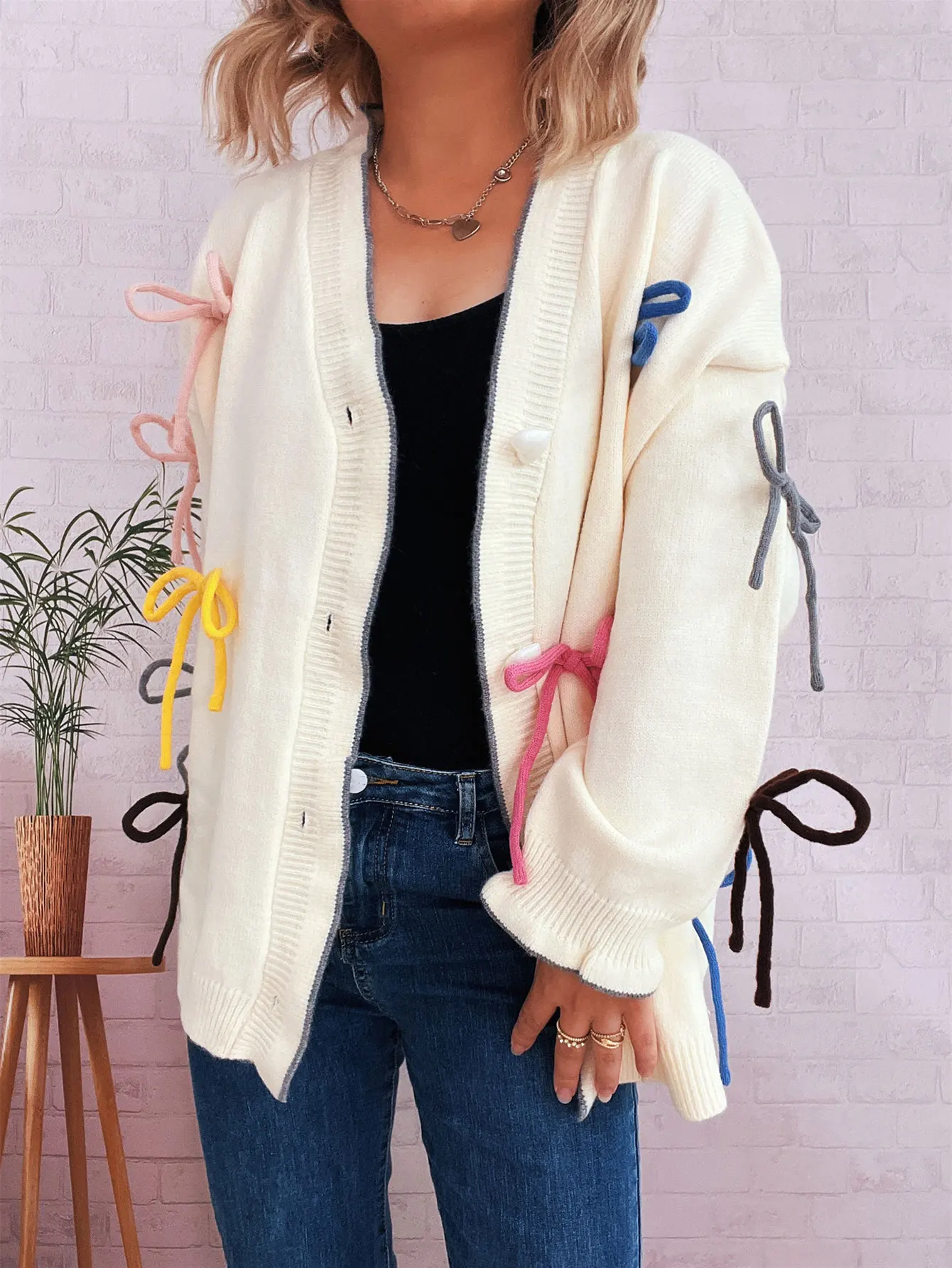 긴 소매 라운드 넥 가디건 가을 겨울 옷 버튼 장식 루즈핏 출퇴근 스타일 여성 오픈 프론트 니트웨어