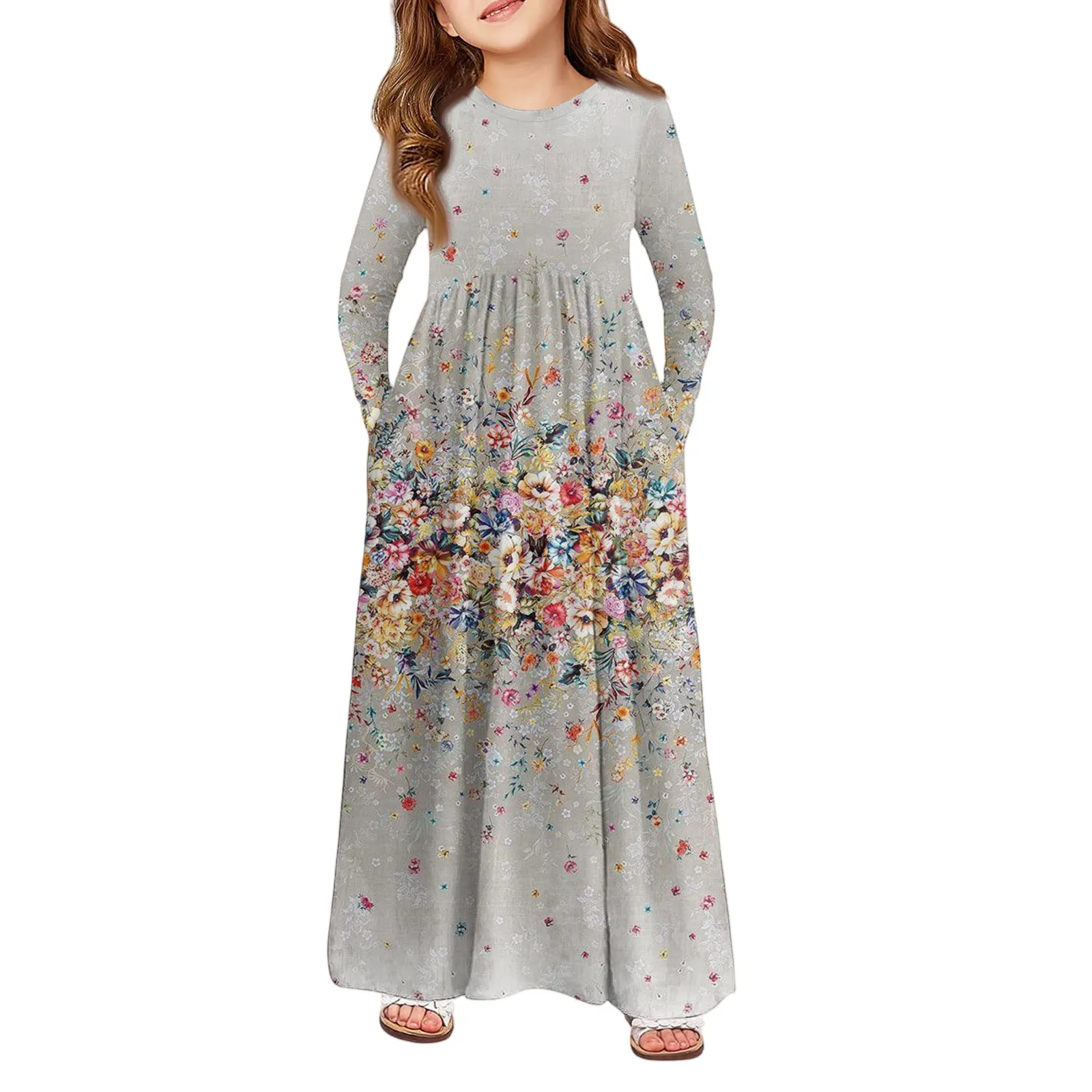 

New Autumn and Winter Children Long Sleeve Dress Casual Fashion Printing Dress Solid Color Girls' Travel Dress up Clothes Dress