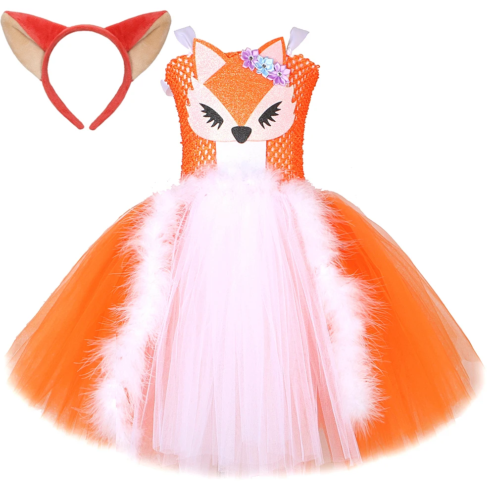 White Orange Fox Halloween Costumes for Girls Kids Animal Cosplay Tutu Dress with Ears Children Birthday Carnival Party Outfits