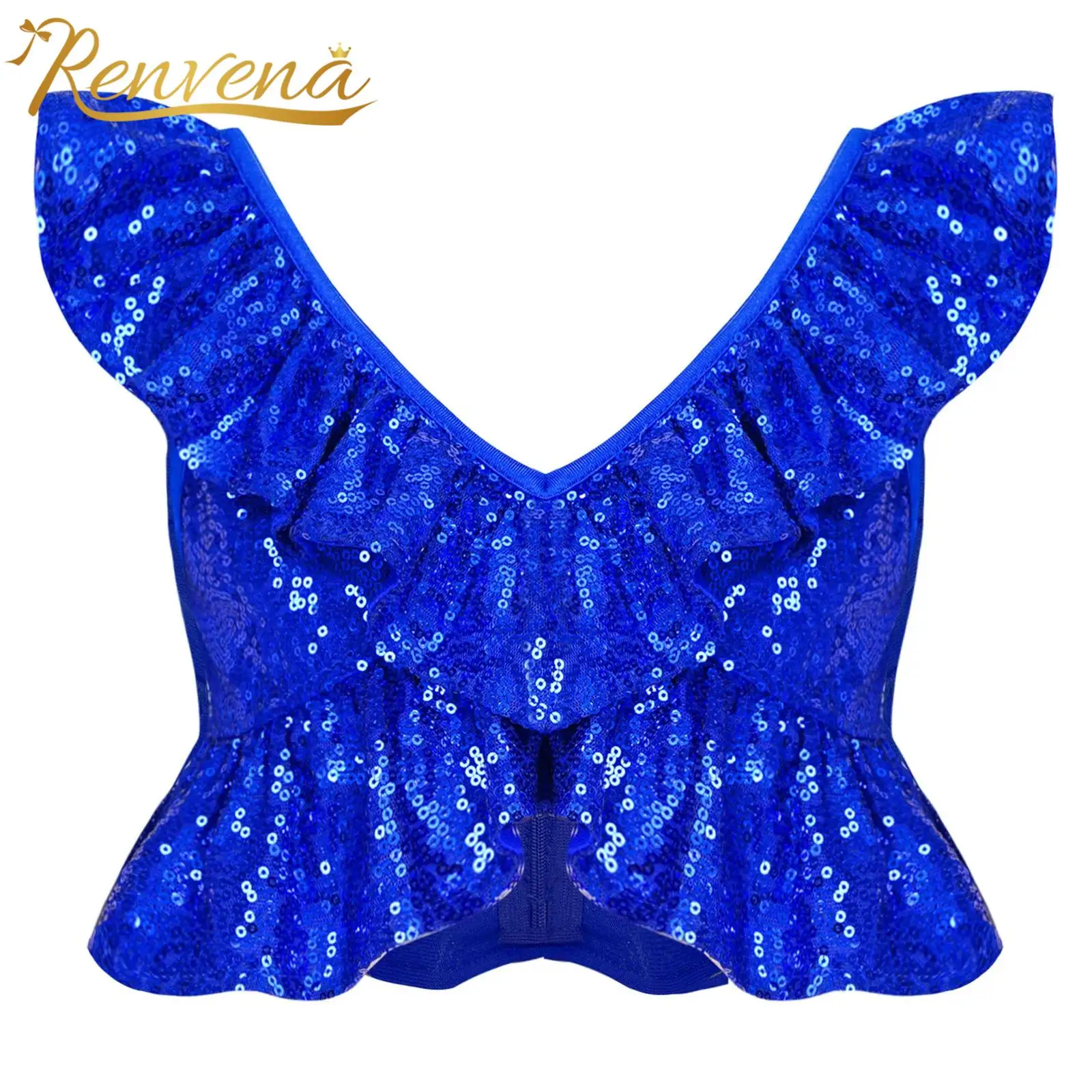 Girls Sleeveless Ruffled Trims Sequin Tank Top Disco Outfit Kids Sparkly Crop Top Jazz Dance Costume for Stage Performance