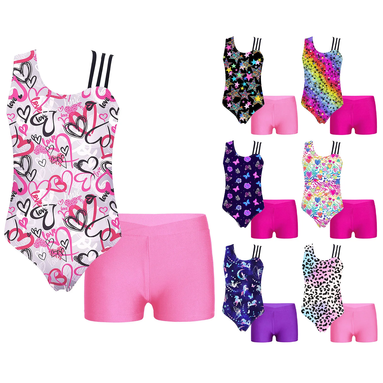 Gymnastic Leotard for Children Gilrs Yoga Dance Workout Skating Bodysuit with V-front Waistband Shorts 2023 New Sportswear