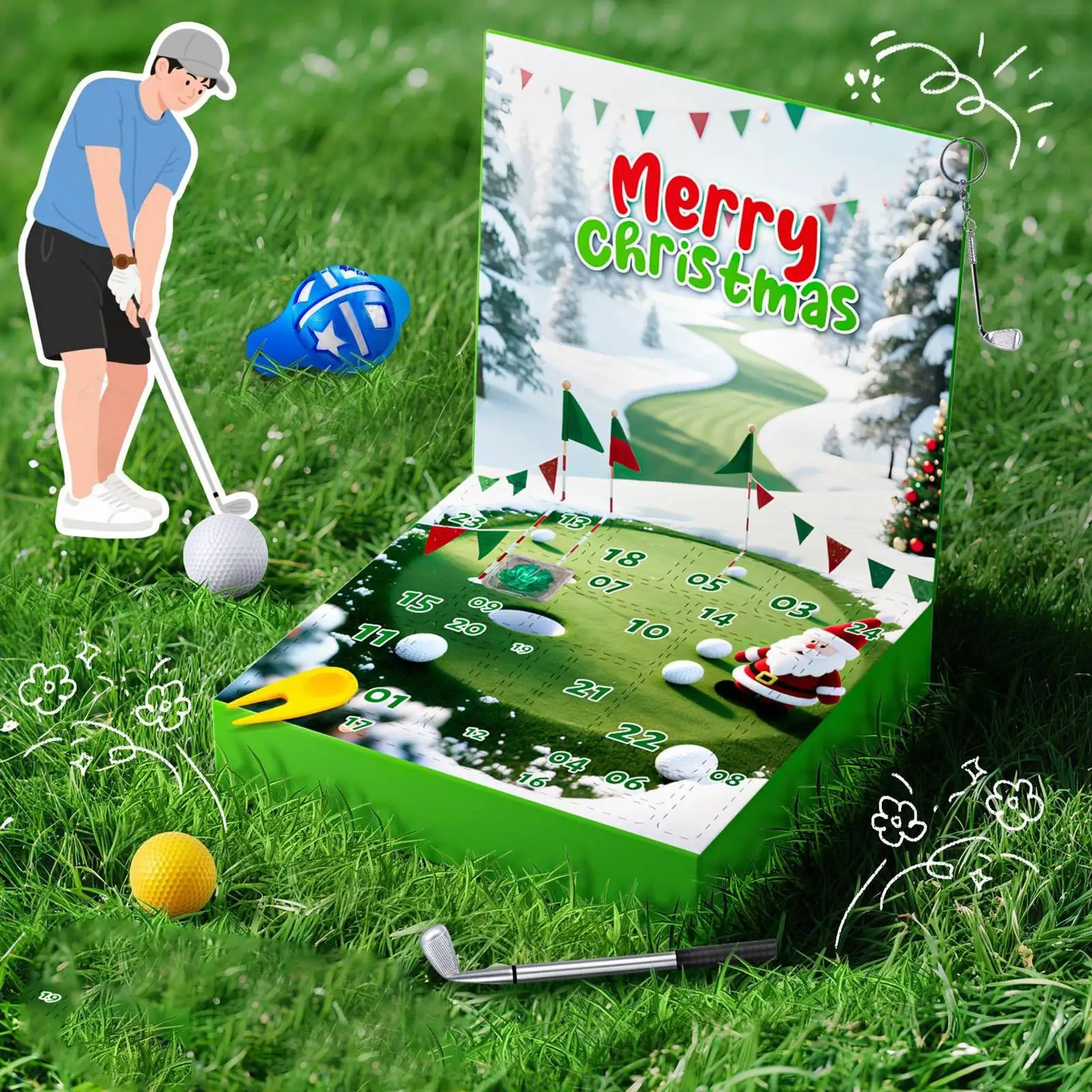 العد التنازلي لعيد الميلاد 24 يومًا على شكل جولف تقويم إبداعي لنوادي الجولف كرات تي شيرت بطاقة النتائج للرجال في سن المراهقة الكبار الأولاد الموسمي #4