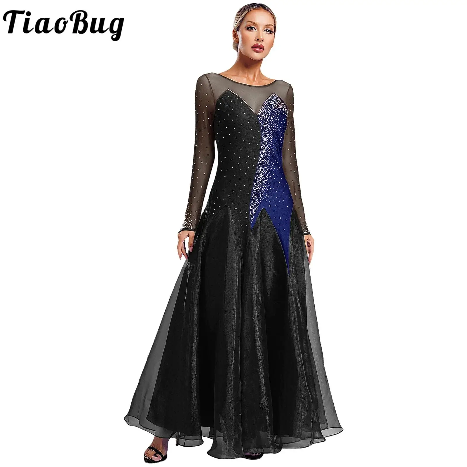 

Women Ballroom Waltz Tango Dance Dress Sheer Mesh Long Sleeve Glittery Rhinestones Long Dress Stage Performance Jazz Dancewear