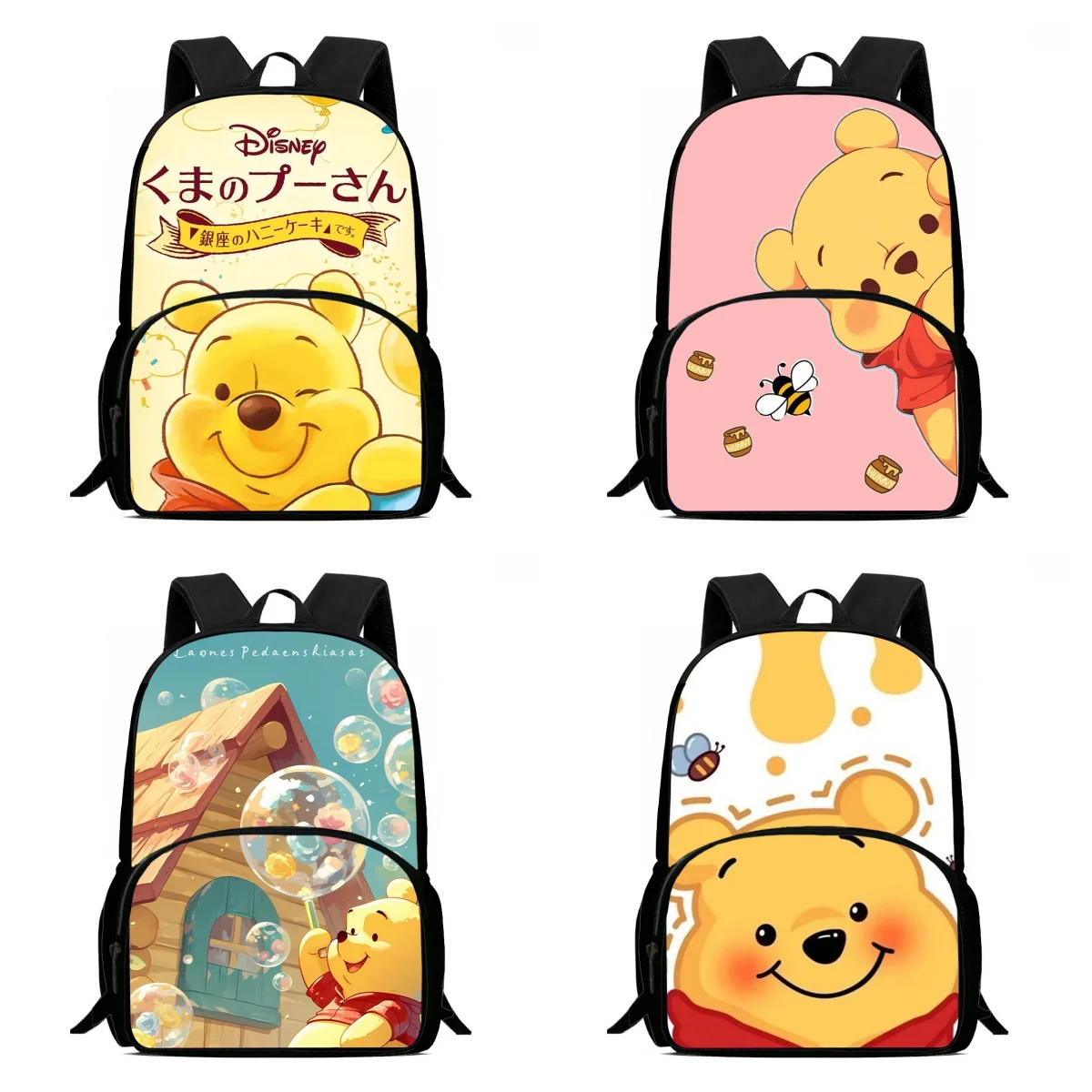 

15IN Disney School Backpack with Front Pouch,Cartoon Winnie Printed School Bags for Boys Girls,Light Weight Kids Backpack