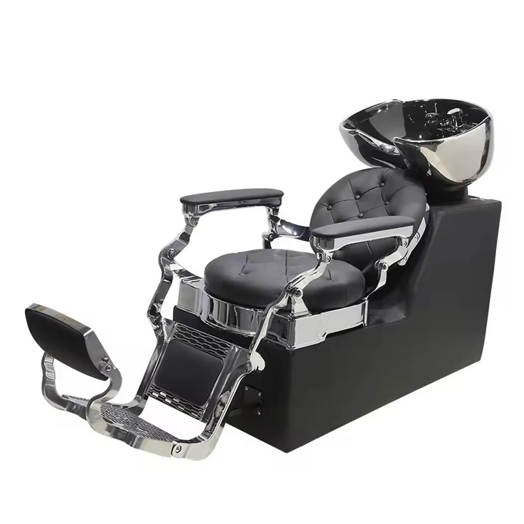 Antique Tufted Black Leather Reclining Shampoo Bed Chair Retro Barbershop Hairdressing Salon Washing Sink and Chair