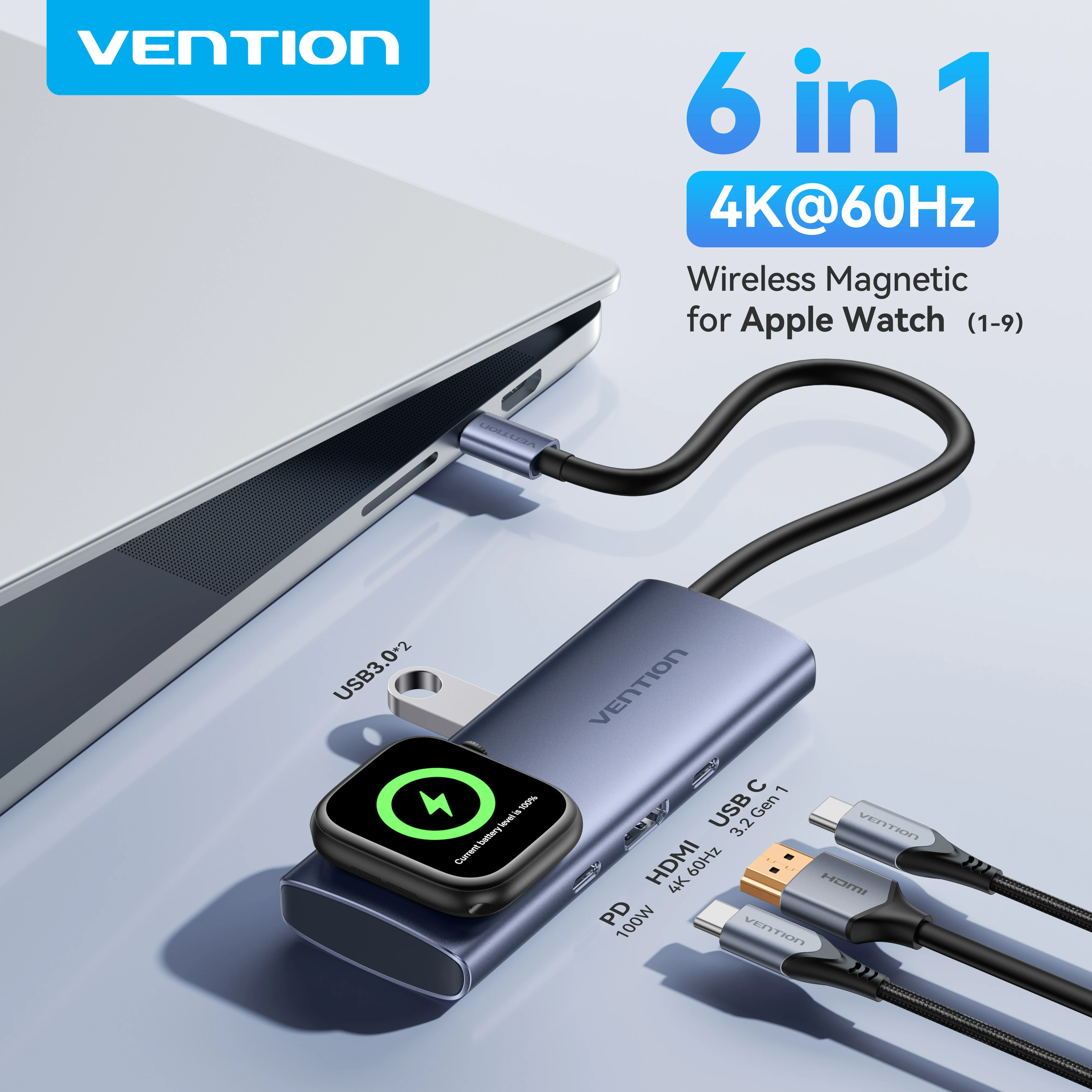 

Vention 6 в 1 USB C 4K при 60 Гц Концентратор Беспроводная зарядка для Apple Watch 1-9 USB 3.0 PD 100 Вт Адаптер для ноутбука MacBook iPad Air Pro