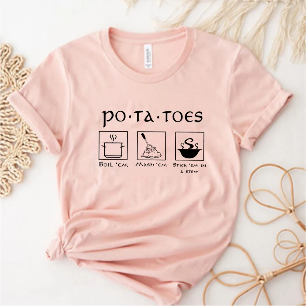 Funny Cook Tshirt Harajuku Potatoes Shirts Potatoes Boil Em Mash Em Stick Em in A Stew Graphic T Shirts Women Short Sleeve Tops