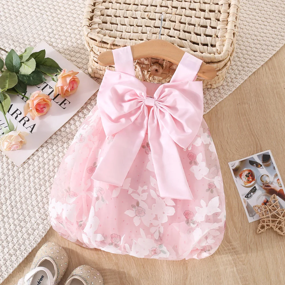 Summer 0-3 Girls\' Dress Baby Girl Full of Flower Printed Mesh Large Bow Princess Strap Lantern Dress