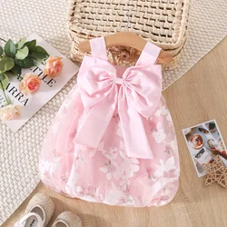 Summer 0-3 Girls' Dress Baby Girl Full of Flower Printed Mesh Large Bow Princess Strap Lantern Dress