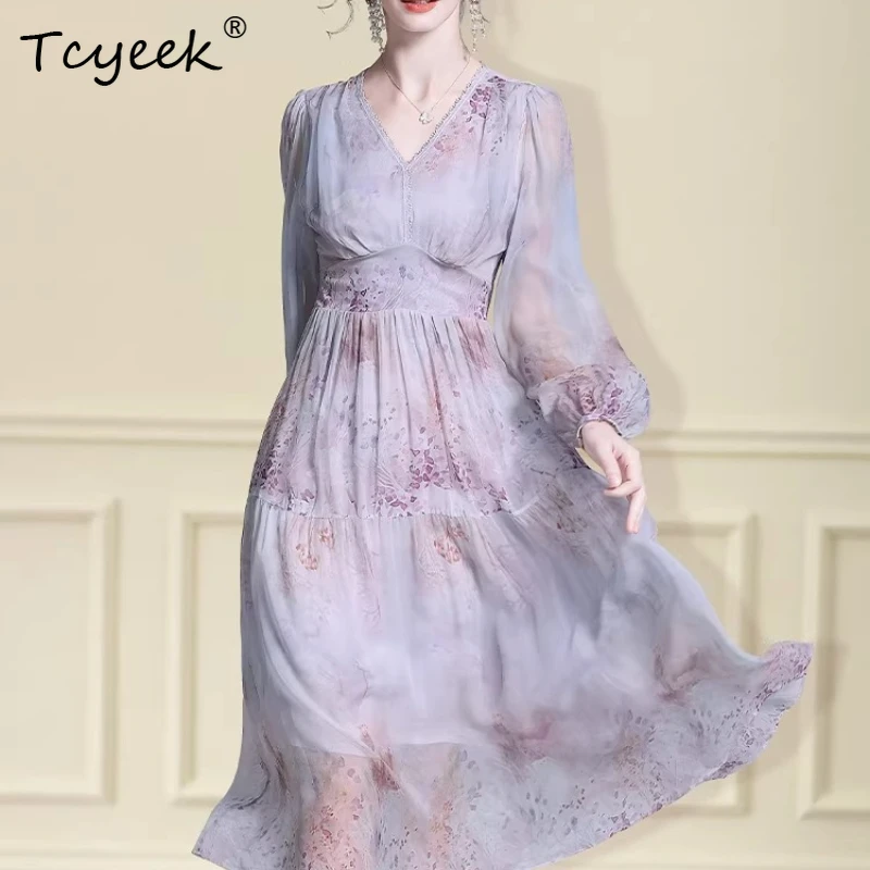 

Tcyeek Высококачественное платье из 100% тутового шелка, женская одежда весна-лето 2026, новый стиль, элегантные женские платья с принтом Платье Женское