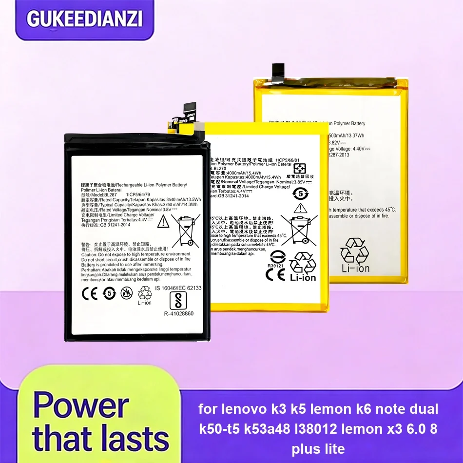 Batería BL270 BL287 BL261 de 3000-4000mAh para Lenovo K3 K5, Lemon K6 Note Dual K50-T5 k53a48 L38012, Lemon X3 6.0 8 Plus Lite