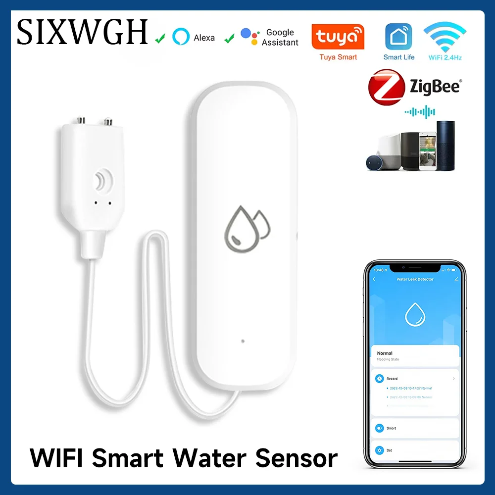 

SIXWGH Tuya WiFi/ZigBee Water Sensor Leakage Alarm Flood Leak Detector Overflow Alarm Security Smart Home APP Remote Control