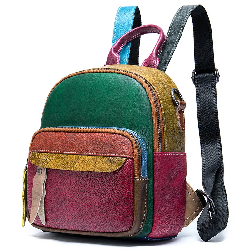 

Newsbirds Leather Mini Backpack Fashion Patchwork Colorful Bagpack of Female Laides Bag Real Cowskin Daypack Outdoor