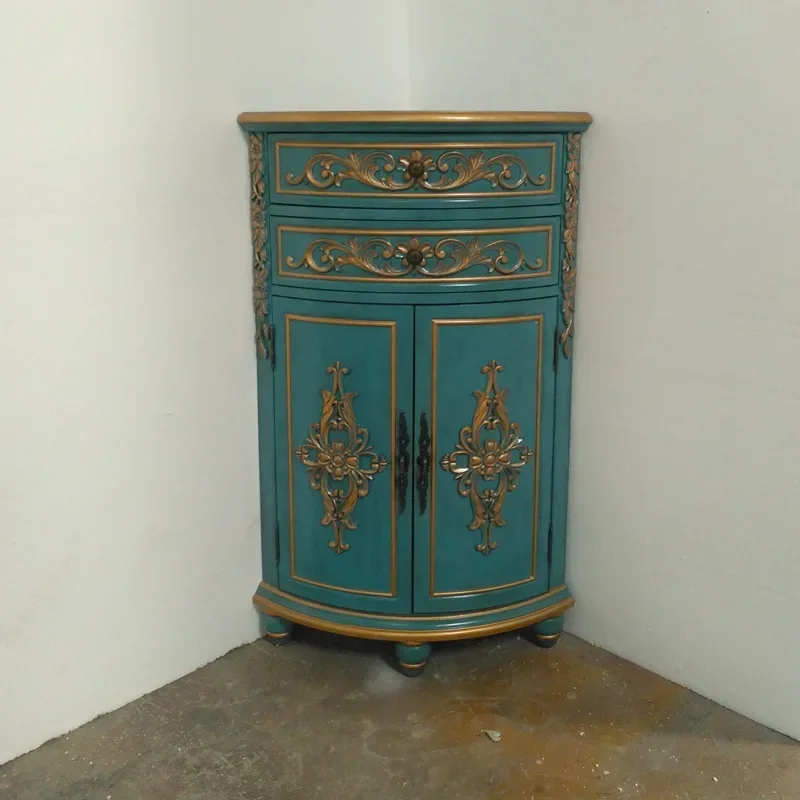 

Golden Blue Carvings Corner Cabinet Living Room Side Cabinet Triangle Storage Cabinet Complete Set