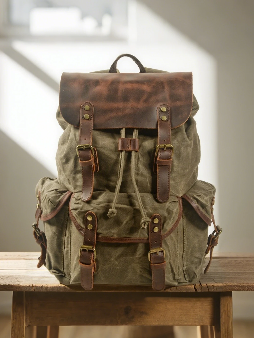 Retro Canvas Wax Backpack Drawstring Men's Double Shoulder Bag Trendy Workwear Student Backpack Muchuan Artistic Style Daily Use
