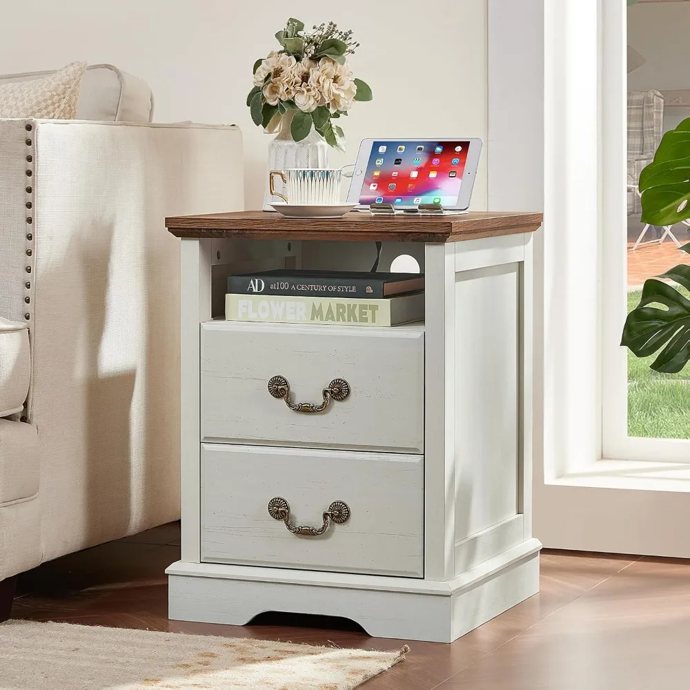 

Nightstands with Charging Station,18 End Table with 2 Drawers,Farmhouse Nightstand with Vintage Handles, Bedside Cabin