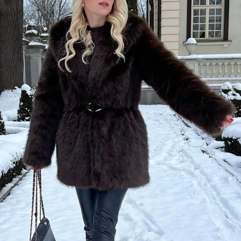 EAEOVNI خمر الشتاء الفراء سترة معطف المرأة موضة التلبيب حزام تجمع الخصر الملابس الدافئة الخريف الشتاء ملابس خارجية جديدة #4