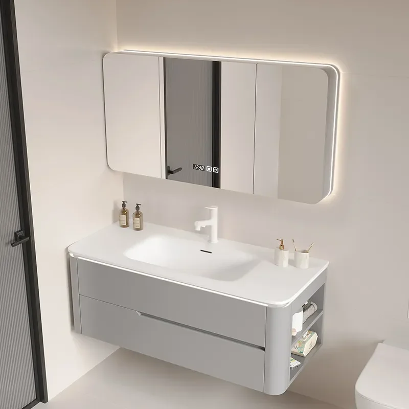 2025 New Oak Bathroom Cabinet with Integrated Basin Cream Color Arc Design Wash Desk and Toilet Combination Modern Style