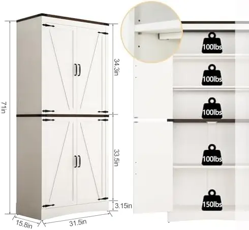 خزانة مخزن المزرعة بطول 71 بوصة مع أرفف قابلة للتعديل، و4 أبواب للحظيرة، باللون الأبيض الريفي #2