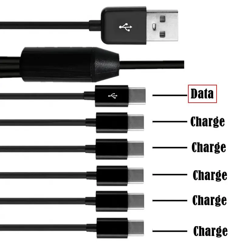 USB2.0 AM One to Six USB-C Charging Cable 1/6 In One, With 6 Type-C Male Interface Charging Data Cable USB Charging Cable